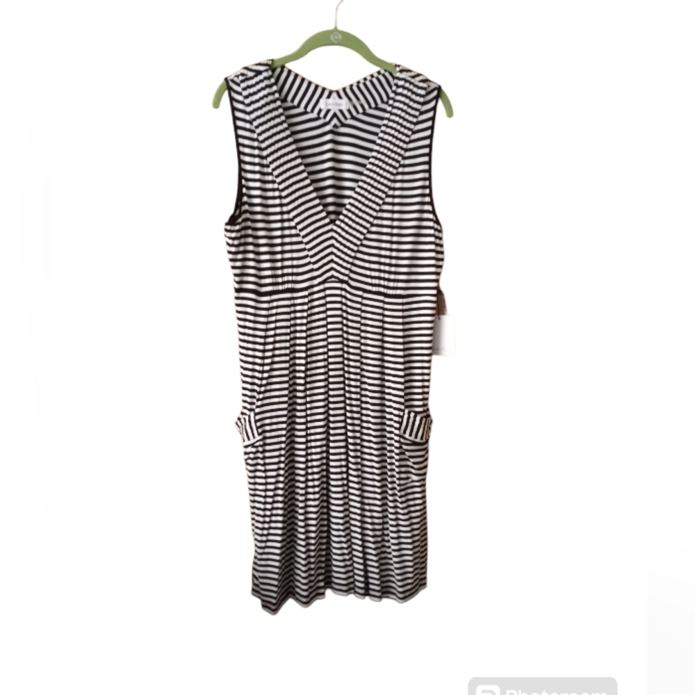 Calvin Klein Dress Black White Stripe V-Neck Stretch Pullover Size 14 NWT